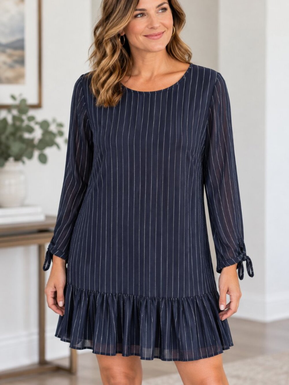 En Creme NWT L Navy Shift Pinstripe Ruffle Hem Mini Dress Tie Sleeve Cocktail